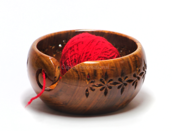 Wooden Yarn Bowl with Beautiful Holes Handmade