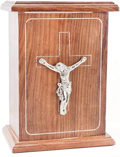 Wooden Urn Box for Human Ashes (Lord JEJUS Christ) Wooden Box for Your Loved Ones (Silver)