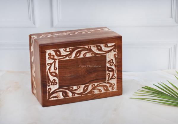 Wooden Urn Box with Border Engraved Rosewood Cremation Urns Box for Human Ashes