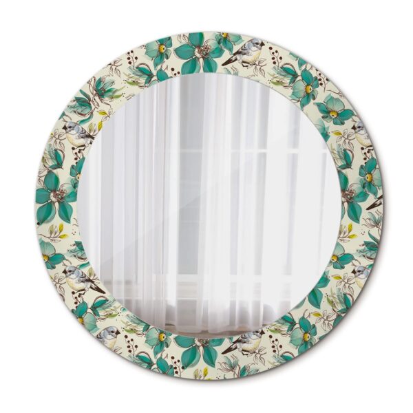 Round Printed Wall Mirror with Birds and Flowers Pattern Fashionable Mirror for The Bedroom or Living Room The Entrance